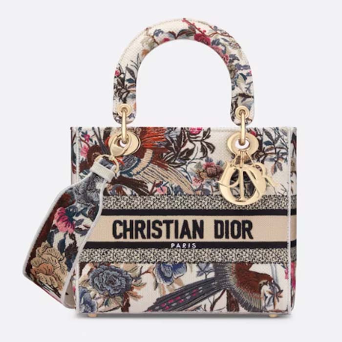 Dior Women CD Medium Lady D-Lite Bag Latte Multicolor Dior Jardin D’Hiver Embroidery