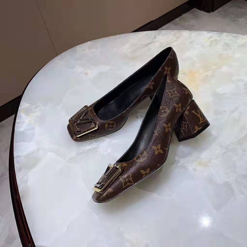 Louis Vuitton LV Women Madeleine Pump in Patent Monogram Canvas and Leather 7.5 cm Heel-Brown