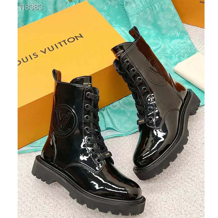 Louis Vuitton LV Women Territory Flat Ranger Black Patent Calf Leather Treaded Rubber