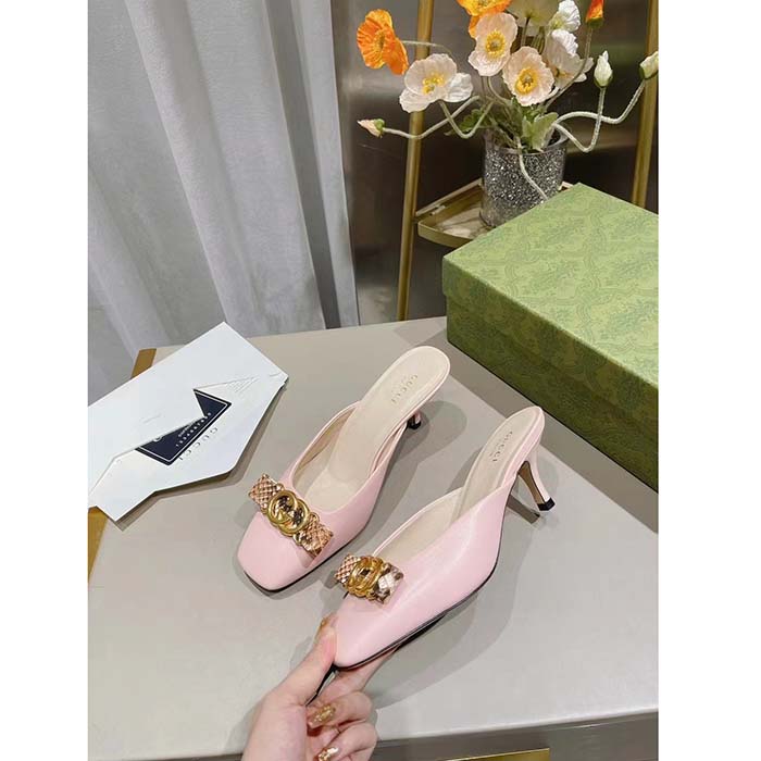 Gucci Women GG Interlocking G Mule Pink Leather Square Toe Leather Mid-Heel