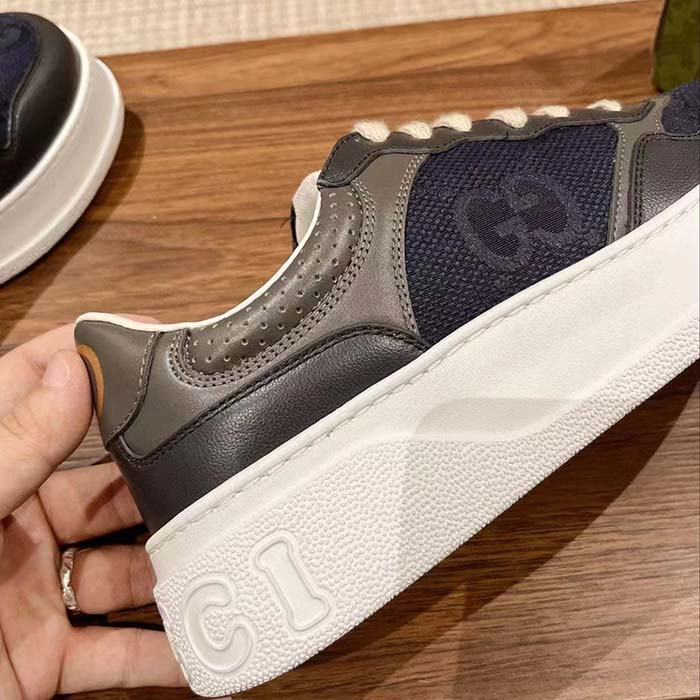 Gucci Unisex GG Lace Up Sneaker Grey Leather Blue Black GG Canvas