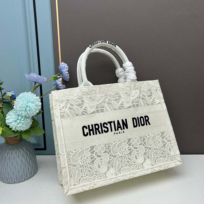 Dior Women CD Medium Dior Book Tote White Multicolor D-Lace Embroidery Macramé