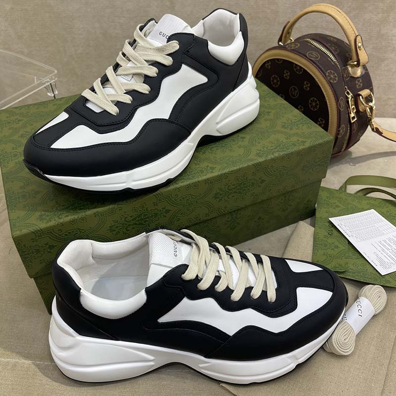 Gucci Unisex GG Rhyton Sneaker Black White Leather Rubber Sole 5 Cm Low Heel