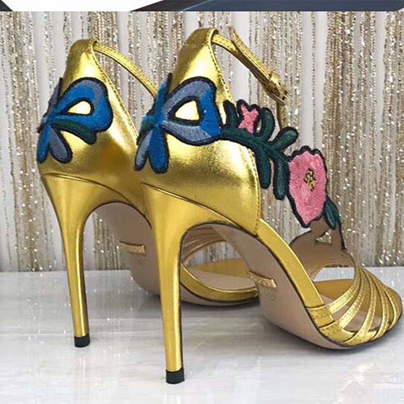 Gucci Women Shoes Embroidered Leather Mid-Heel Sandal 100mm Heel-Yellow