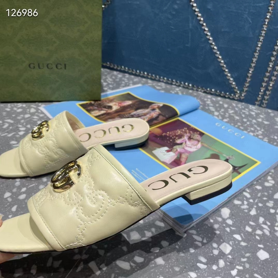 Gucci Women Matelassé Slide Sandal Beige GG Matelassé Leather Square Toe Flat