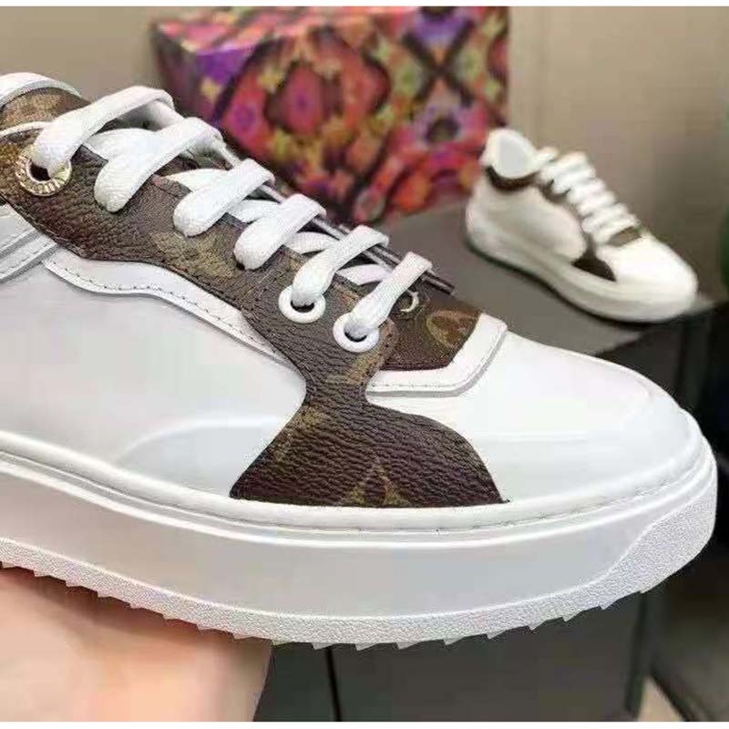 Louis Vuitton LV Unisex Time Out Sneaker Cacao Brown Calf Leather Patent Monogram Canvas