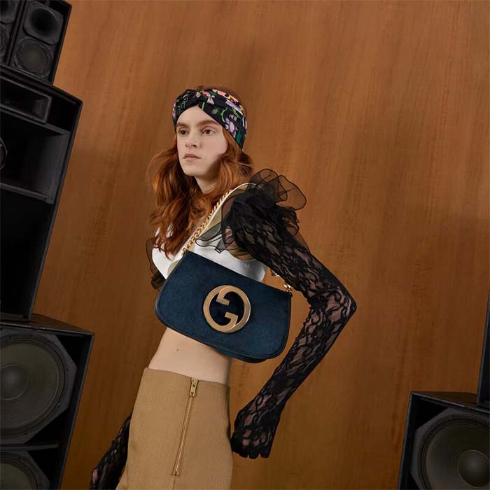 Gucci Women GG Blondie Shoulder Bag Deep Blue Suede Interlocking G