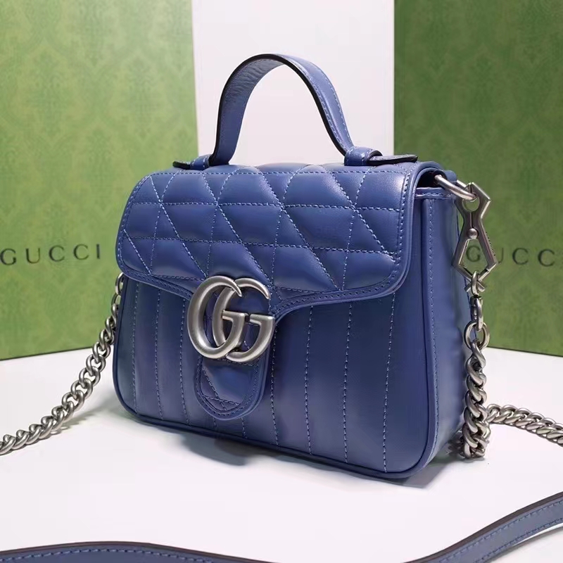 Gucci Women GG Marmont Mini Top Handle Bag Blue Matelassé Leather Double G