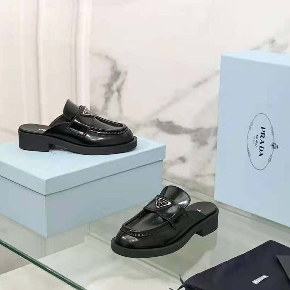 Prada Women Chocolate Brushed Leather Mules-Black