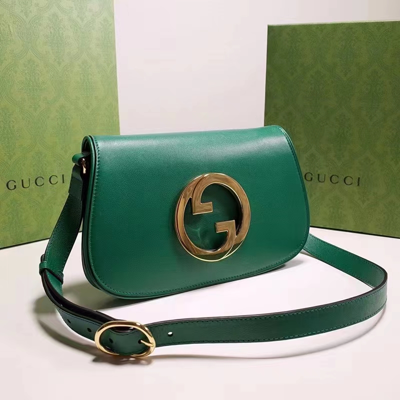 Gucci Women GG Blondie Shoulder Bag Emerald Green Leather Round Interlocking G