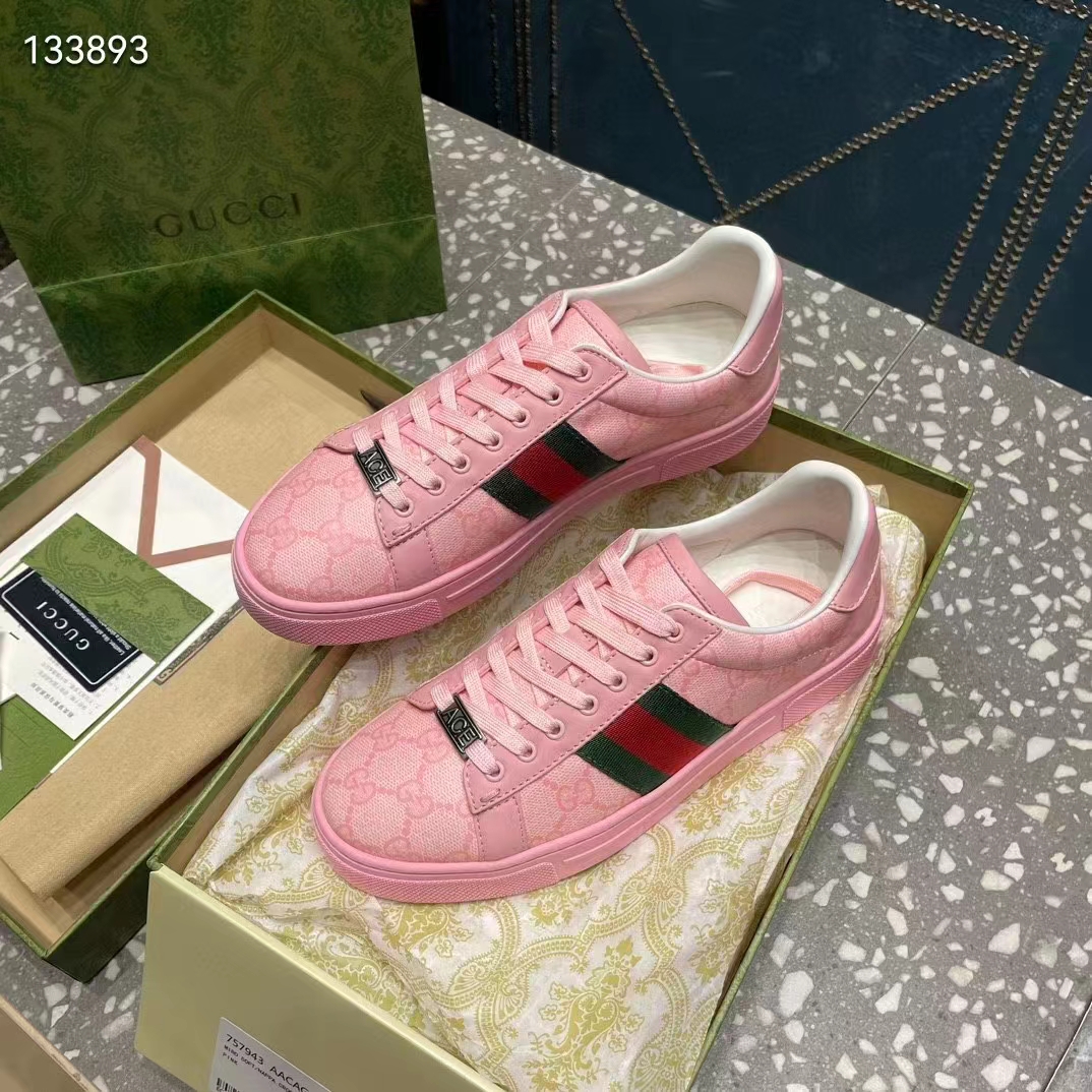 Gucci Women GG Ace Sneaker Web Pink GG Crystal Canvas Rubber Low-Heel