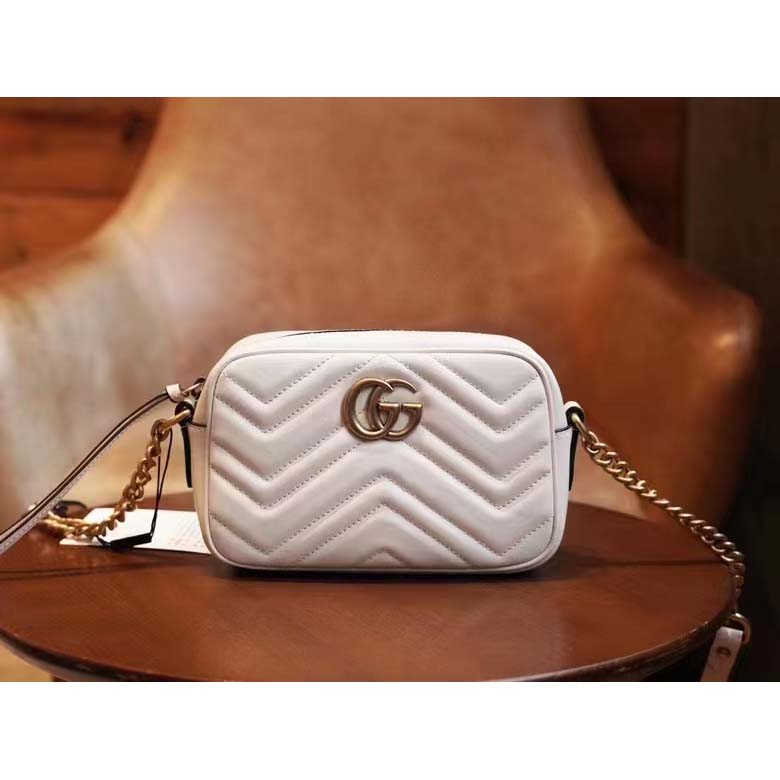 Gucci Women GG Marmont Matelassé Mini Bag White Matelassé Chevron Leather Double G