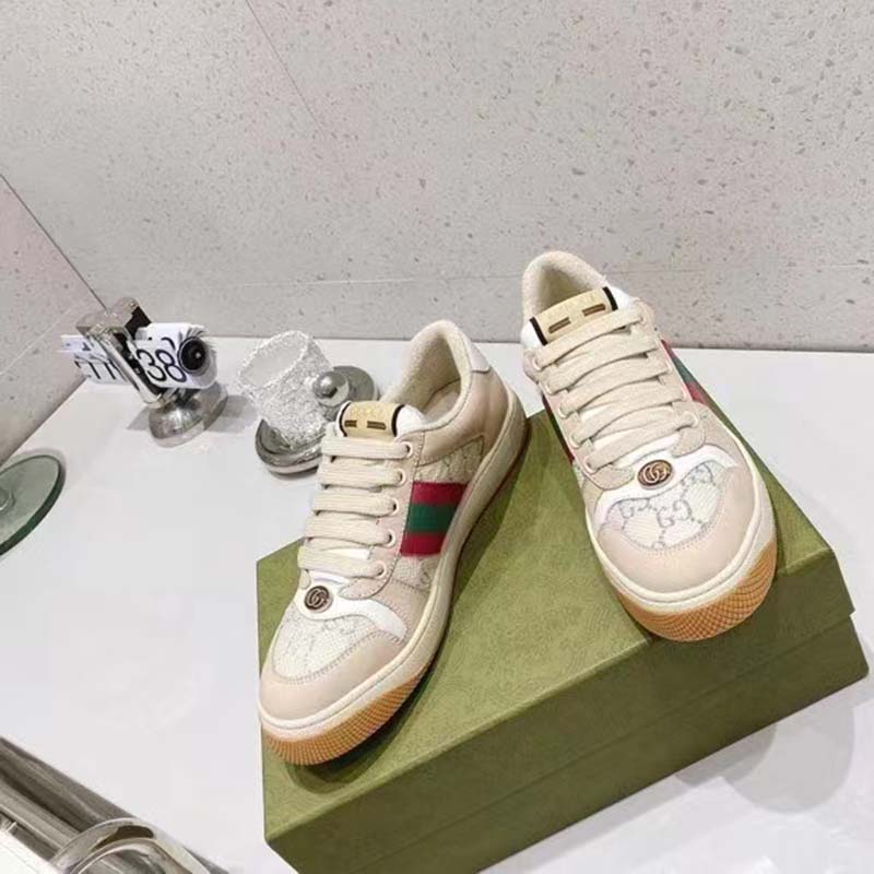 Gucci Unisex Screener Sneaker Pink Green Web Cream Scrap Less Leather