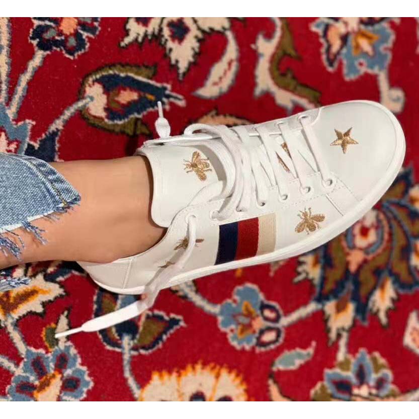 Gucci Women’s Ace Embroidered Sneaker in White Leather with Bees and Stars