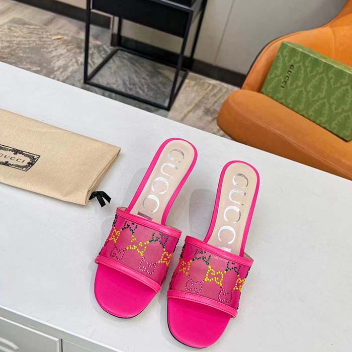 Gucci Women GG Mid Heel Slide Sandal Fuchsia GG Crystal Mesh 7.4 CM Heel
