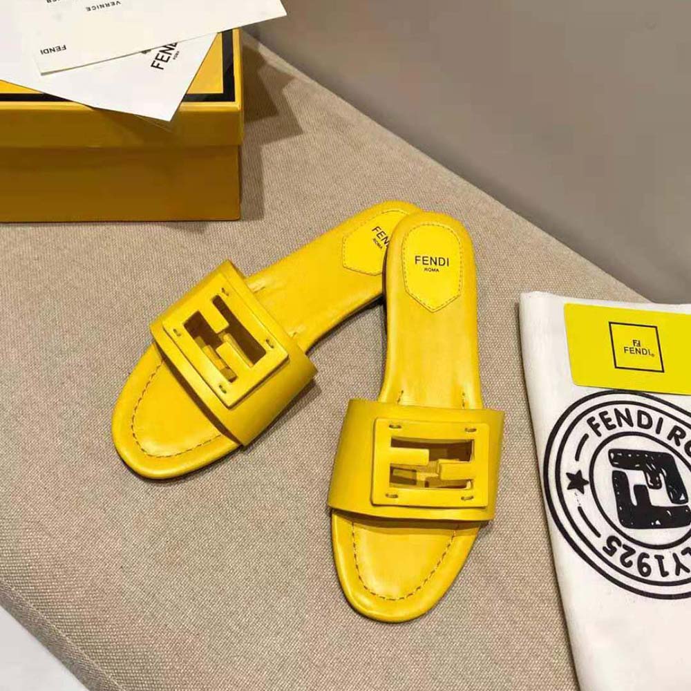 Fendi Women Signature Yellow Leather Slides in 0.4 inches Heel Height