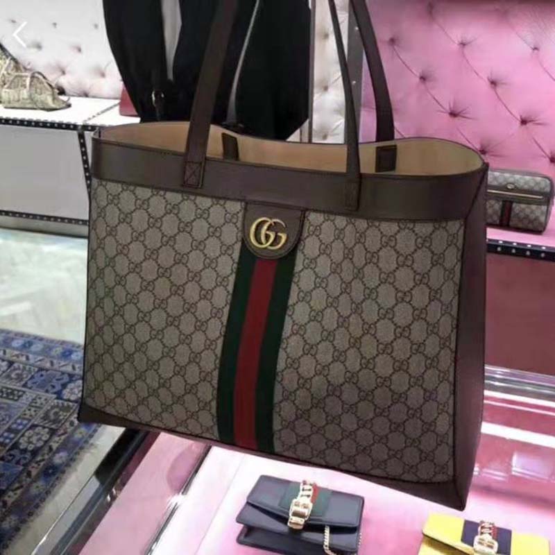 Gucci GG Unisex Ophidia GG Tote in Beige/Ebony GG Supreme Canvas