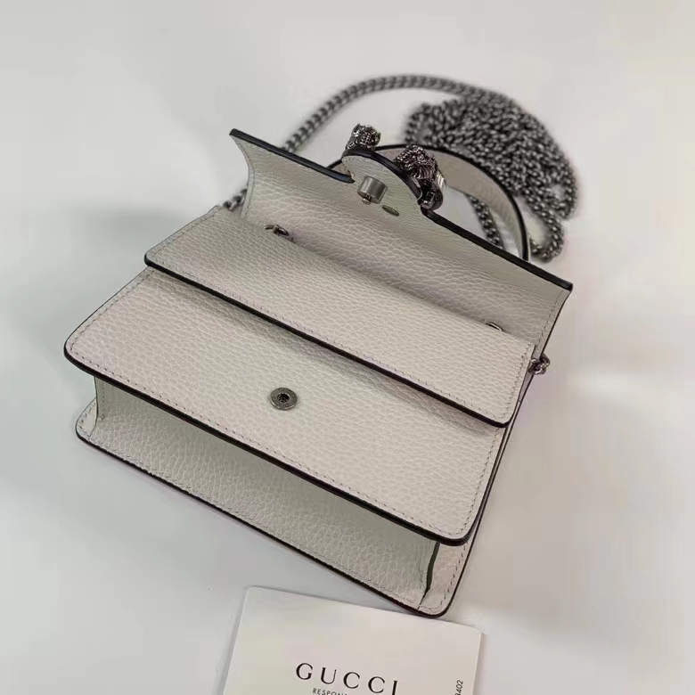 Gucci GG Women Dionysus Mini Top Handle Bag White Leather Crystal Hardware Tiger Head Closure