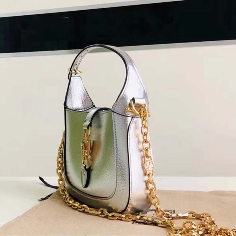Gucci Women Jackie 1961 Lamé Mini Bag Silver Lamé Leather