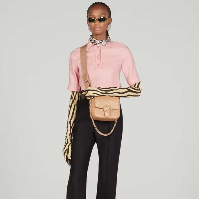 Gucci Women GG Marmont Matelassé Mini Shoulder Bag Pink Matelassé Chevron Leather