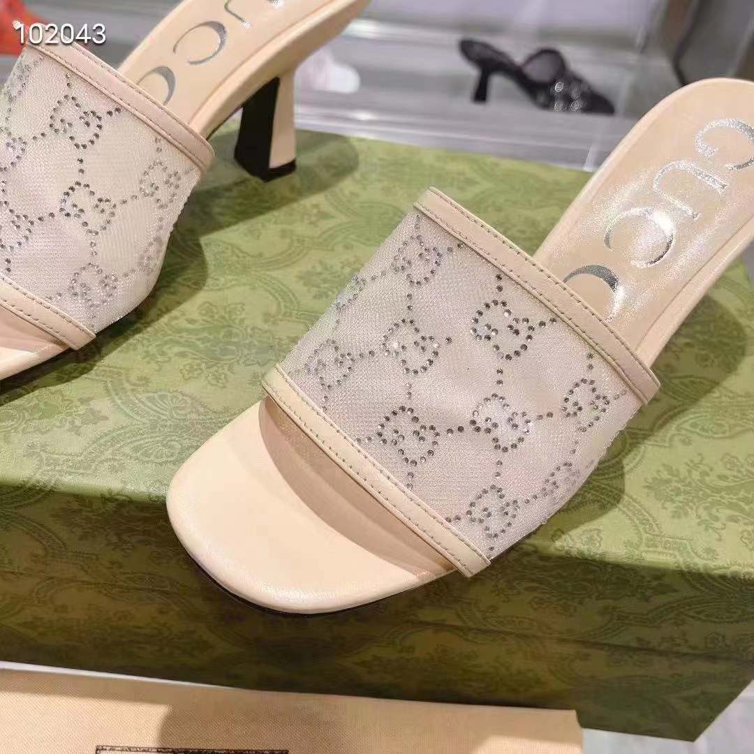Gucci Women GG Mid Heel Slide Sandal Rose Beige GG Crystal Mesh 7.6 CM Heel
