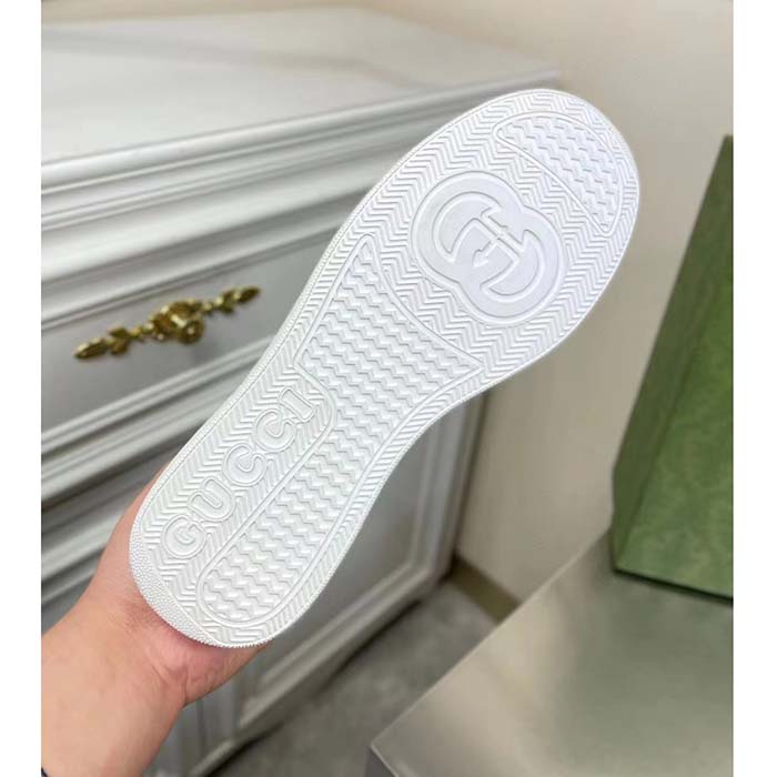 Gucci Unisex GG Sneaker Web White Leather Blue Lace-Up Flat