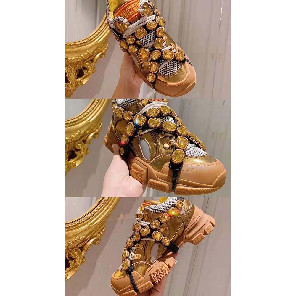 Gucci Women Flashtrek Sneaker with Removable Crystals 5.6cm Height-Gold