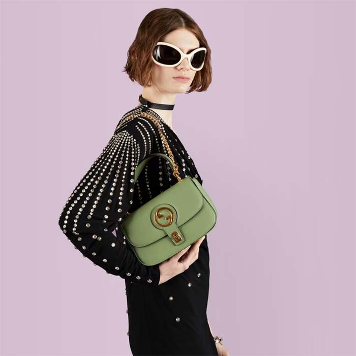Gucci Women GG Blondie Top-Handle Bag Light Green Leather Round Interlocking G