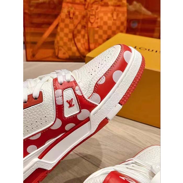 Louis Vuitton Unisex LV Trainer Sneaker Red Calf Leather Rubber Outsole Monogram Flowers