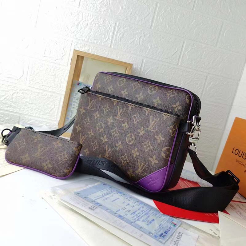 Louis Vuitton LV Unisex Trio Messenger Bag Monogram Macassar Coated Canvas Purple Cowhide