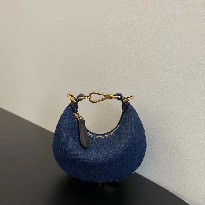 Fendi Women FF Nano Fendigraphy Hobo Bag Blue Denim Charm