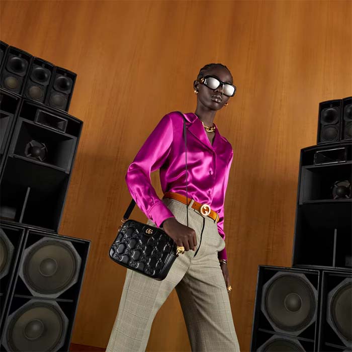 Gucci Women GG Matelassé Leather Small Bag Black Double G Zip Closure