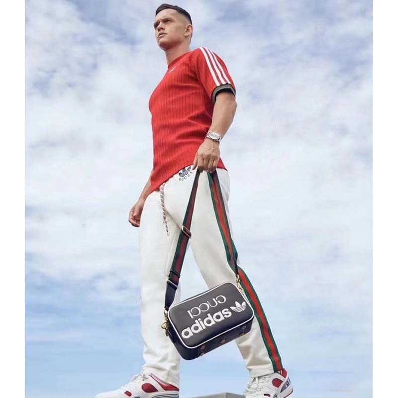 Gucci Unisex GG Adidas x Gucci Small Shoulder Bag Black Leather Green Red Web