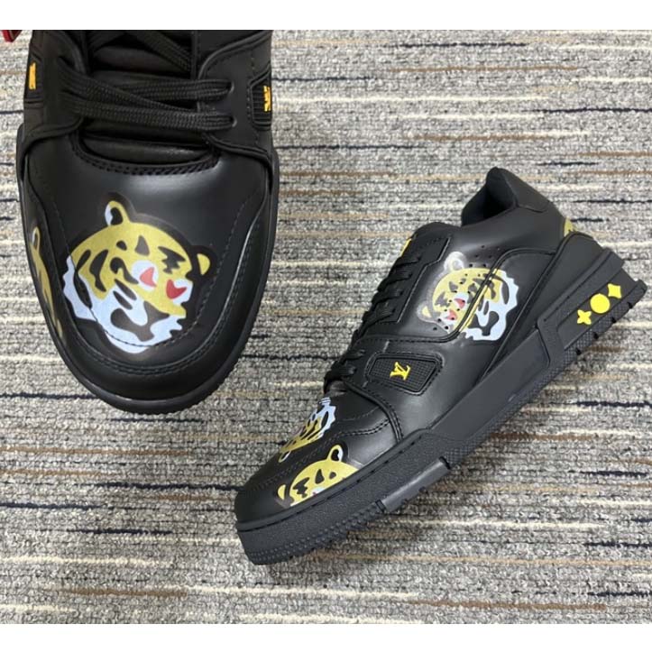 Louis Vuitton LV Unisex Trainer Sneaker Black Printed Calf Leather Rubber Outsole