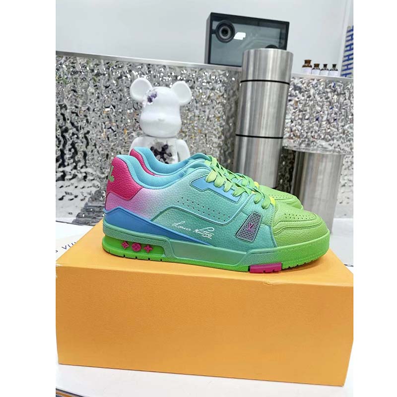 Louis Vuitton Unisex LV Trainer Sneaker Green Grained Calf Leather Rubber Monogram Flowers
