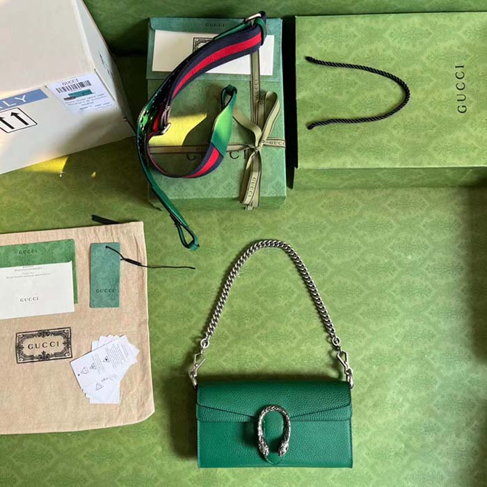 Gucci Women GG Dionysus Small Shoulder Bag Green Leather Antique Silver-Toned Hardware Crystals