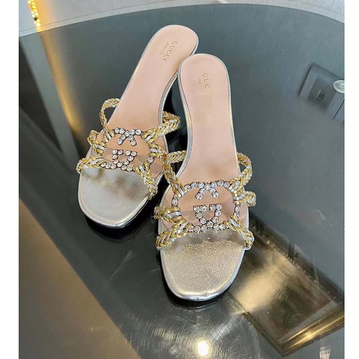 Gucci Women GG Nojum Slide Sandal Metallic Platinum Silver Braided Leather Mid-Heel