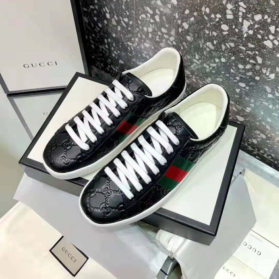 Gucci Men Ace Gucci Signature Sneaker with Web-Black