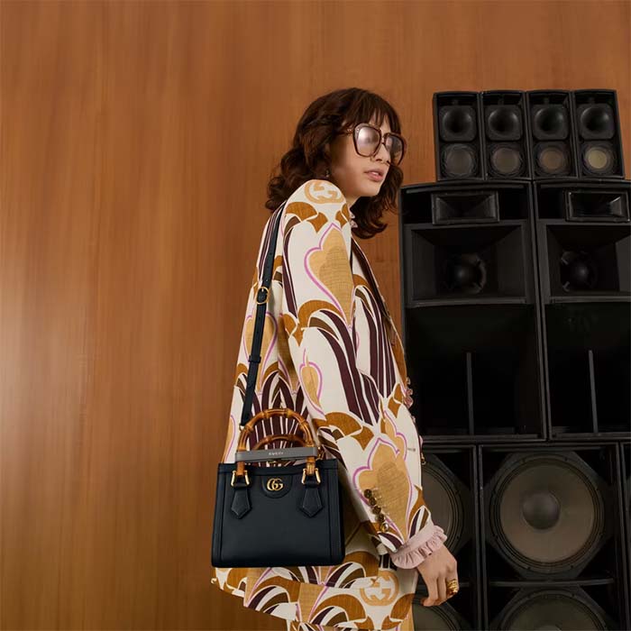 Gucci GG Women Diana Mini Tote Bag Black Leather Double G