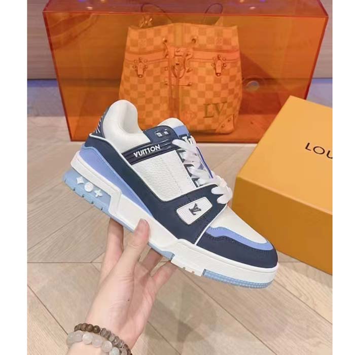 Louis Vuitton Unisex LV Trainer Sneaker Blue Nubuck Grained Calf Leather Rubber Initials