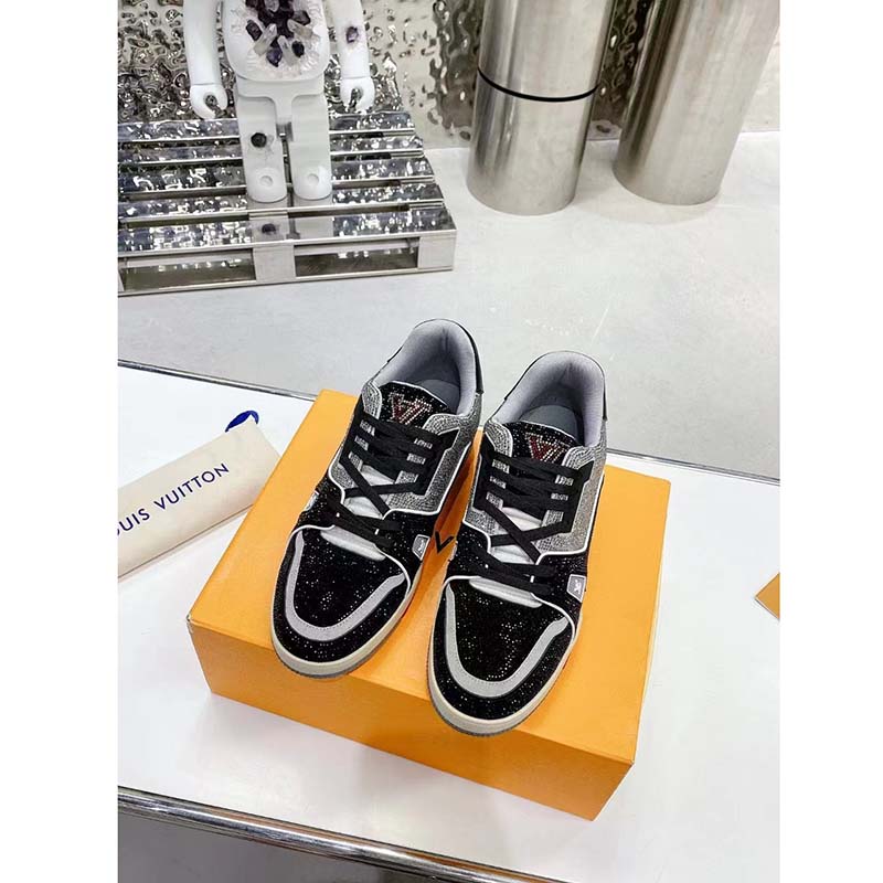Louis Vuitton Unisex Trainer Sneaker Black Strass Rubber Outsole LV Initials Monogram Flowers