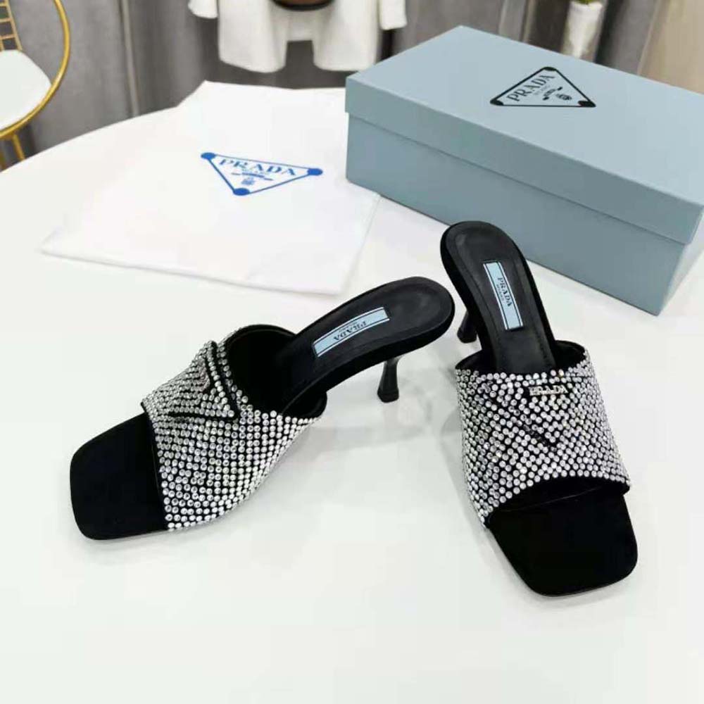 Prada Women Satin Sandals with Crystals-Silver