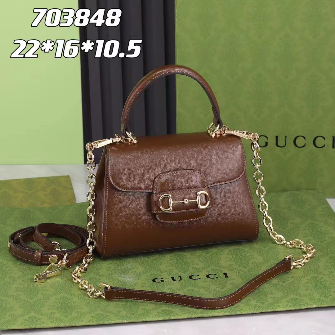 Gucci GG Women Horsebit 1955 Top Handle Bag Light Brown Leather Mini Size