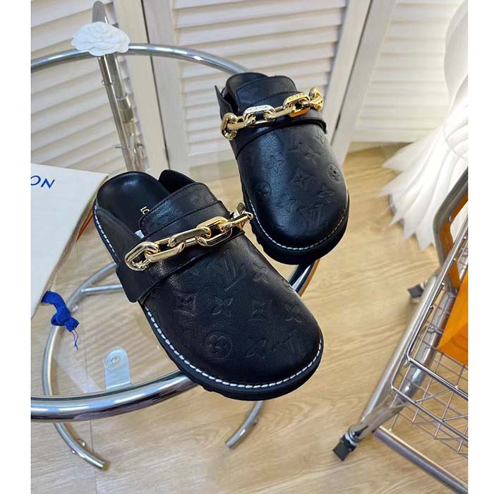 Louis Vuitton LV Unisex Cosy Flat Comfort Clog Black Monogram-Embossed Calf Leather