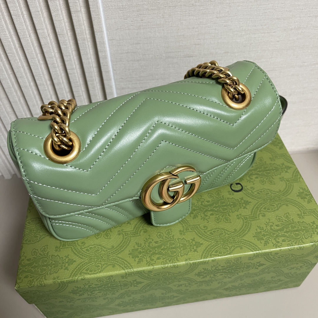 Gucci Women GG Marmont Small Shoulder Bag Sage Green Matelassé Chevron Heart