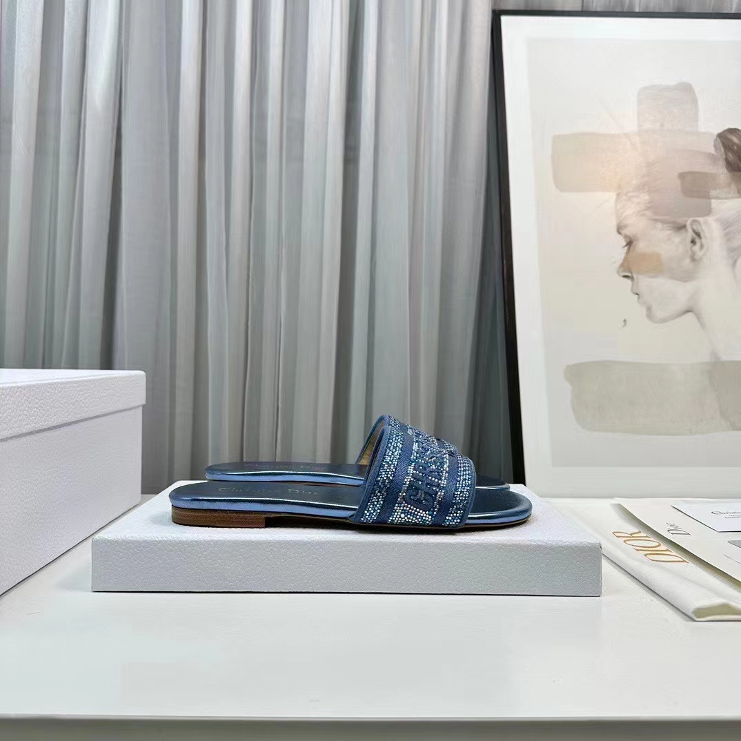 Dior Women CD Dway Slide Blue Cotton Embroidered Metallic Thread Strass