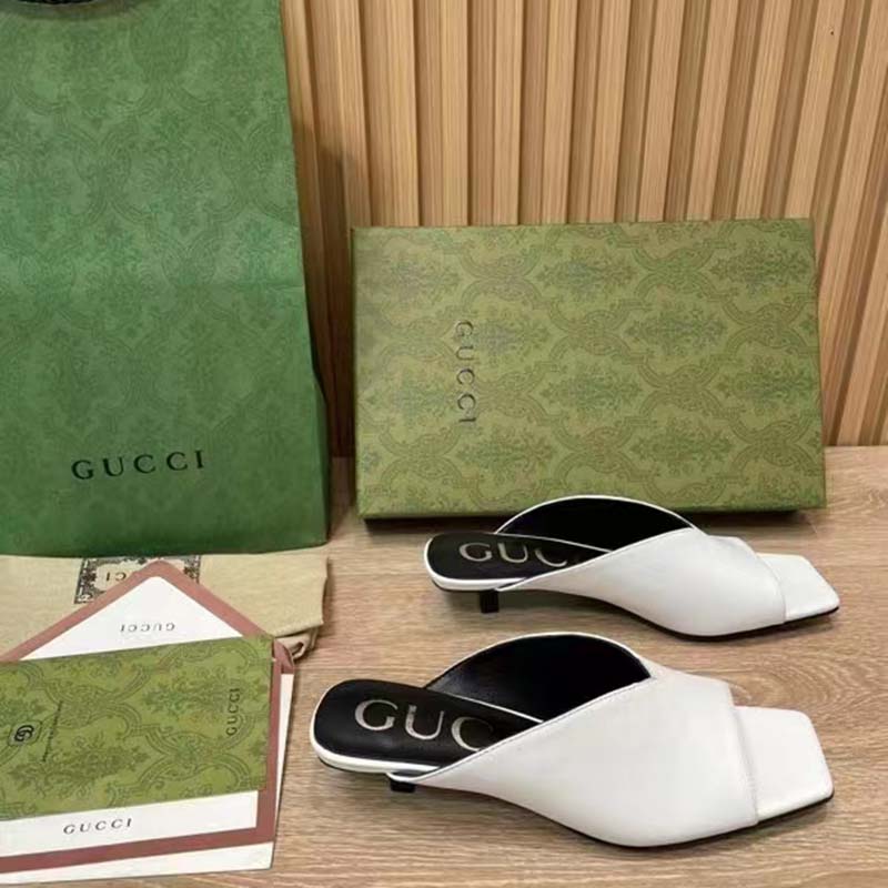 Gucci Women GG Low Heel Sandal White Leather Square Toe