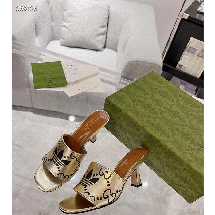Gucci Women Adidas x Gucci Slide Sandal Gold Metallic GG Trefoil Smooth Leather
