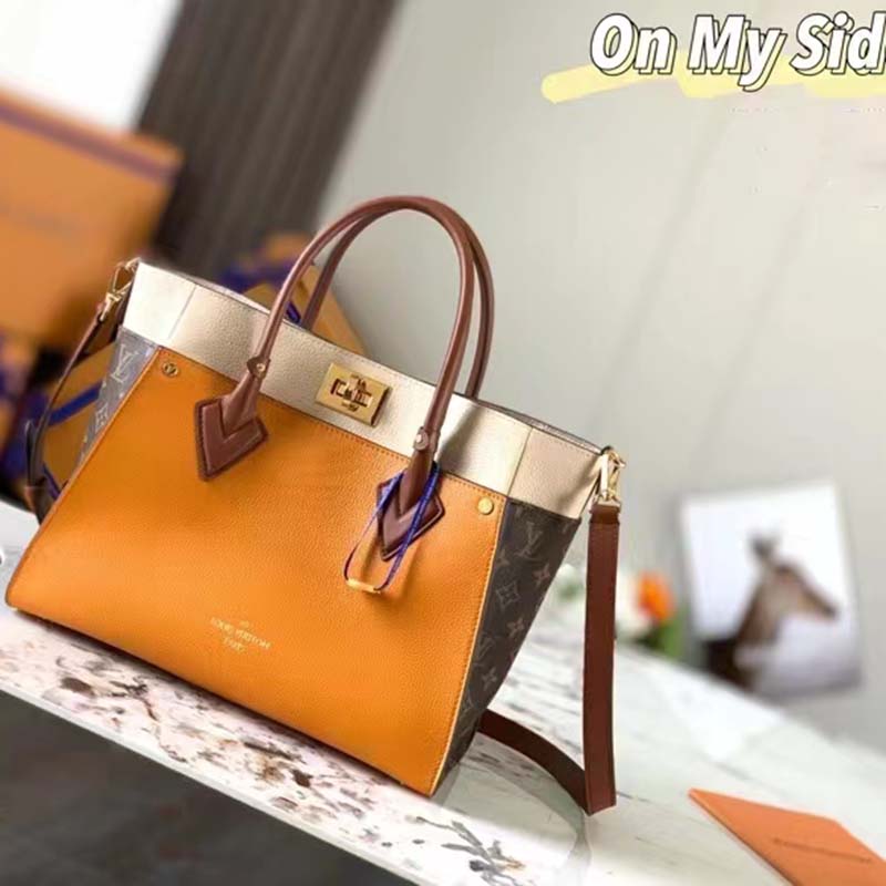 Louis Vuitton LV Women On My Side MM Tote Bag Brown Calfskin Monogram Coated Canvas