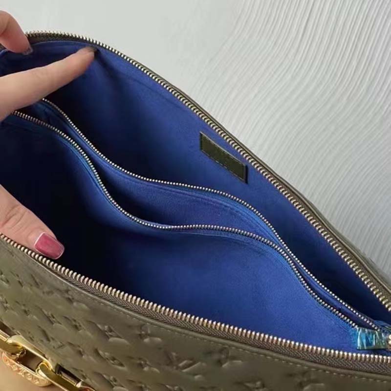 Louis Vuitton LV Women Coussin MM Handbag Khaki Monogram Embossed Puffy Lambskin